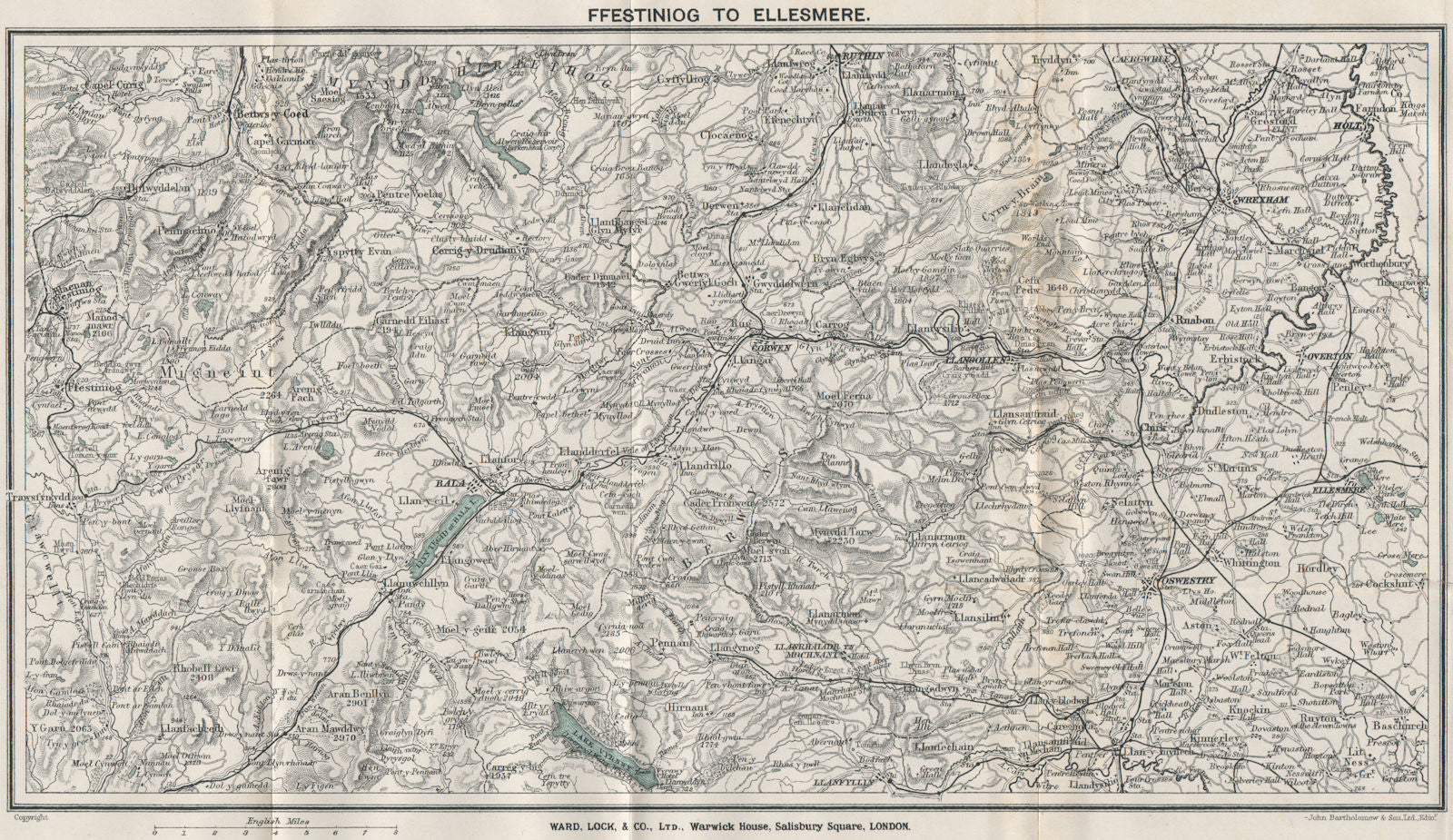 NORTH CENTRAL WALES. Ellesmere Bala Llangollen Wrexham Oswestry 1923 old map
